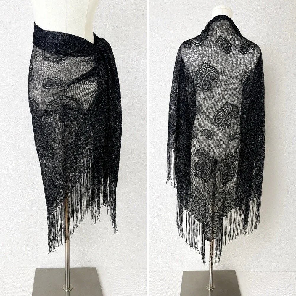 Paisley Black Metallic Shawl With Fringe Sheer Sparkle Witchy Boho Festival OS